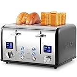 Toaster 4 Slices, Cusimax Stainless Steel Toaster with Ultra-Clear LED Display & 4 Extra-Wide Slots, Defrost/Reheat/Cancel Function, 6 Browning Settings, Removable Crumb Tray, Black