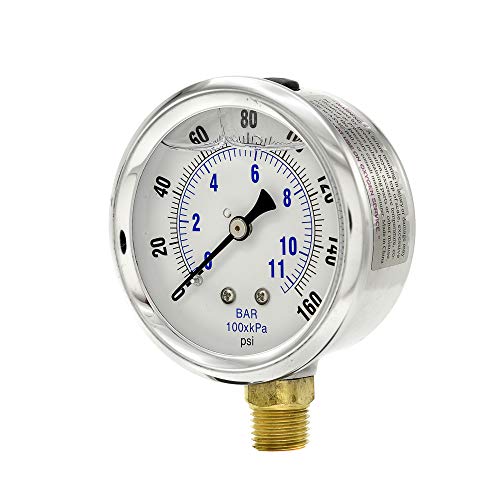 2 Pack of Liquid Filled Lower Mount Pressure Gauge with 2.5" Dial, 0-160 PSI, 1/4" Male NPT Connection, Stainless Steel CASE and Bezel (2)