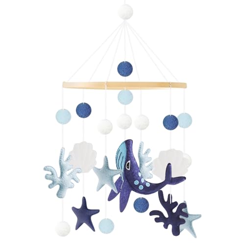 Mobile Bébé En Bois Avec Boules De Feutre Bleues Et Etoiles,Idéal Pour Chambre De Bébé,Un Cadeau Parfait Pour Filles Et Garçons,Avec Des Nuages 3D Et Un Design Eolien