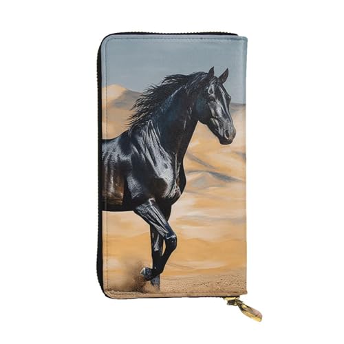 Portefeuille long en cuir véritable noir motif cheval arabe, l'excellence au féminin