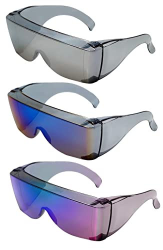 Calabria 3000 Fitover Safety Glasses with Uni-Lens – [Blue/Green/Silver Mirror - 3 Pack] Wrap Around Eye Protection | Anti-Fog Scratch Resistant | Protective Eyewear