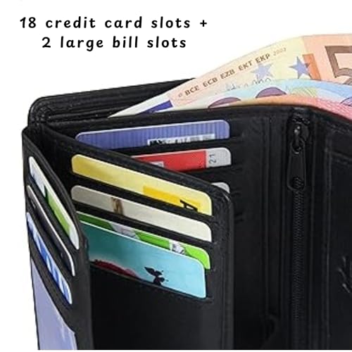 Leather Trifold Wallet for Men Black With 18 Credit Cards Extra Capacity Attached Flip Pockets RFID Blocking With Tough Stitching & 2 ID Window (3.5x5.12x0.79 Inch)3