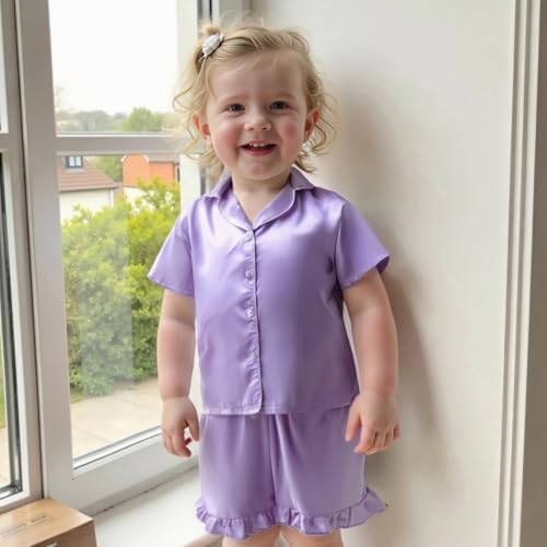 fyclemt Toddler Baby Girl Boy Silk Pajamas Set Solid Color Short Sleeve Button Shirts Top Shorts Satin Sleepwear Lounge Sets (Purple Ruffled Solid Color, 1-2 Years) - Thumbnail 3