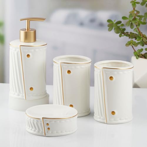 Image of SaSaSa Ceramic Bathroom Accessories Set of 4 Modern Bath Set with Soap Dispenser & Toothbrush Holder, Luxury Home & Gift Idea, White (10373)