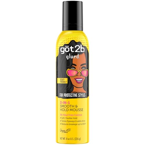 Got2B Glued 2-in-1 Smooth & Hold Hair Mousse, 8 Fl Oz, 96 Hour Frizz Control & Soft Flexible Hold for Wigs, Braids and Curls, No Stickiness and Residue, Formulated with Castor Oil & Provitamin B5