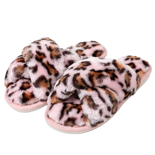 Image of Enteer Women's Slipper Memory Foam Cross Band Fuzzy Slippers Open Toe Cozy House Slippers Cozy Plush Bedroom Indoor Outdoor