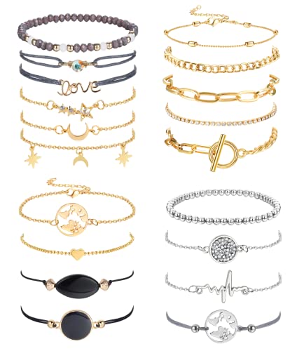JeweBella 20PCS Bohemia Bracelet Set pour Femme Fille Réglable Manchette Layered Multi Bracelet Pendentif Forme Ronde Perles Pompon Elastique Bracelet Ensemble Cadeau Bijoux