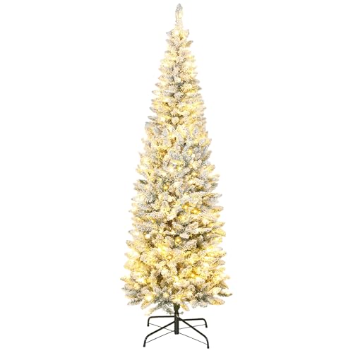 HOMCOM Árbol de Navidad Estrecho 210 cm, Árbol de Navidad Nevado con Luces LED Bicolores, 11 Modos de Iluminación, 687 Ramas, Soporte Metálico, Fácil de Montar, Verde