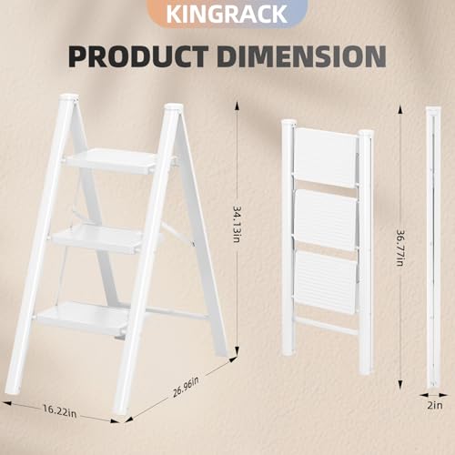 KINGRACK 3 Step Folding Ladder, Lightweight Portable Home Ladder with Non-Slip Wide Pedals and Safety Lock, Sturdy Step Ladder for Adults Painting, Home, Kitchen, Garage, White by KINGRACK - Used condition - Image 2