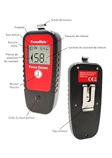 FenceMate Testeur de tension clôture électrique digital, plage jusqu'à 19,900 V, détecteur de défauts, diagnostic du courant (ampère) et de la direction du flux, pile 9 V, clip de ceinture