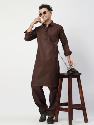 Image of Men's Traditional Pathani Kurta Salwar Set, Red, Long Sleeve, Collared Neck, Cotton Blend, Ethnic Wear