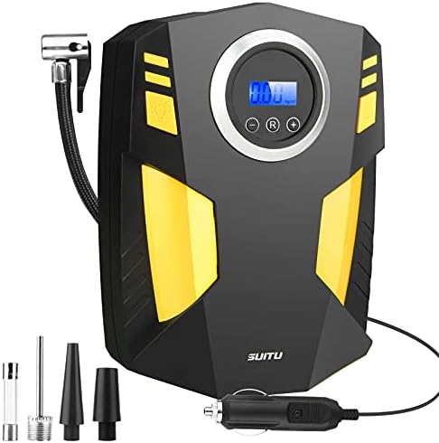 BAITAI Car Tyre Inflator, 12V Digital Tyre Pump Air Compressor, 150PSI Automatic Air Pump with 3 Nozzle Adaptors,LED Light and Auto Shut Off for Car,Bicycle,Motorcycle,Balls,Balloons Etc