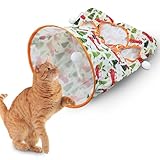 Andiker Cat Tunnel Bags for Indoor Cats, 13x17x12In Foldable Cat Crinkle Bag with 3 White Plush Balls and 1 Mouse 5 Holes for Kitten to Hide and Catch 3 Layers Cat Toy (Forest)