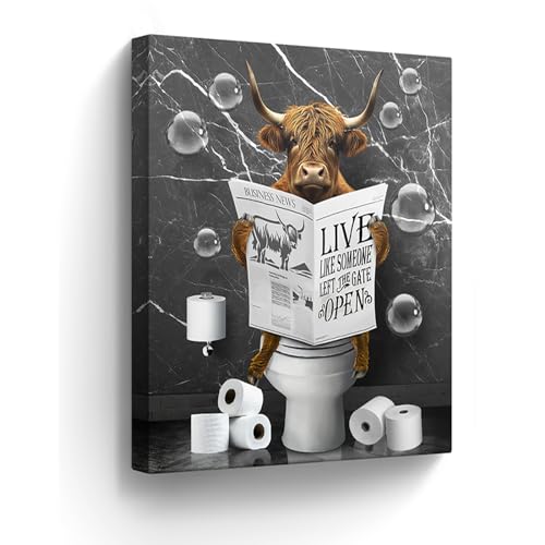 Kateflower Hochlandkuh Gemälde, 30,5 x 40,6 cm, Leinwandbild für Badezimmer, Wandkunst, gerahmtes WC-Kunstwerk