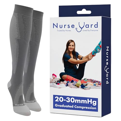 Image of Nurse Yard Compression Socks for Nurses & Medical Professionals - Unisex, 20-30mmHg Graduated Compression, Black /Grey, L /XL