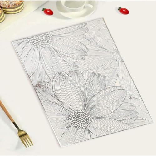 Image of HomeCloud Rectangular Waterproof Dining Table Placemats | Strong & Easy-Clean Table Mat for Dining, Center & Bedside Table | Protects from Spills, Heat & Scratches (Two Flower Silver, Set of 2)