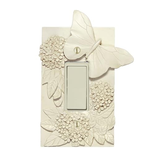 Butterfly In Bloom Lighting Switchplate | Handpainted Antique White | 1-Gang Single Rocker/Dimmer/GFCI Outlet Plate | Vintage Garden Butterflies & Hydrangea Flowers | Color-Match Hardware Included