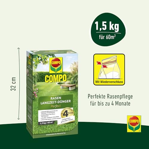 COMPO Rasendünger mit Langzeitwirkung - Keine Chance für Moos und Unkraut – 1,5 kg für 60 m² - COMPO Rasen Langzeit-Dünger Perfect