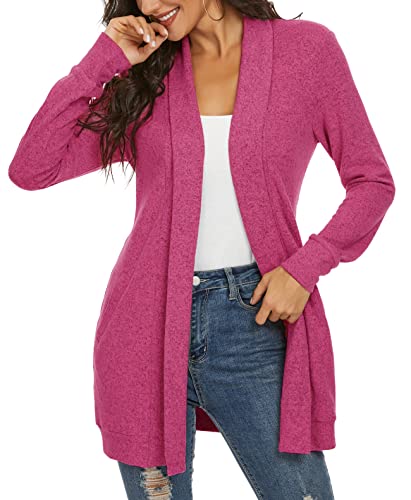 Tribear Women's Long Sleeve Open Front Loose Casual Lightweight Kimono Cardigan (Small, 7031Rose) #TOP2