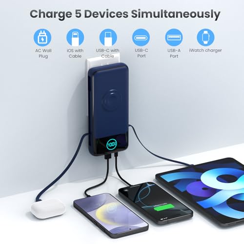 Portable Charger for iPhone with Built-in Cables and AC Wall Plug,26800mah Fast Charging USB C Power Bank,25W PD Travel Essential Battery Pack for iPhone 17/16/15/14/13,Galaxy,Apple Watch (Blue) by FOCHEW - Image 4