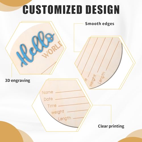 Image of Wooden Baby Announcement Sign, 5.9 Inch Hello World Newborn Sign, Hospital Birth Stat Plaque, Hospitals, Homes, Nurseries, Suitable for Newborn Boys and Girls, Birth Souvenir (Blue)