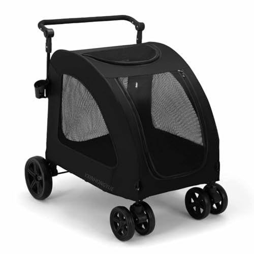 YXINHONGYUE Nero, Passeggino per Cani e Gatti in Rete Traspirante, Passeggino Pieghevole a 4 Ruote per Cani di Taglia Media e Grande con Doppio portabicchieri su Entrambi i Lati