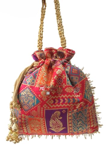 Image of MILAN'S CREATION Potli Banarasi Silk Brocade Bag Purse Drawstring Women's handbag with Pearl Handle & Tassel Weddings