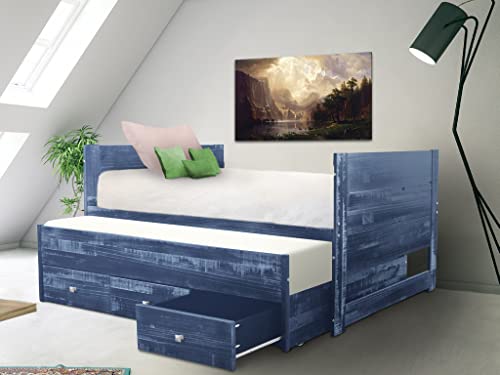 Bedz King All in One Twin Bed with Twin Trundle and 3 Built in Drawers, Weathered Blue