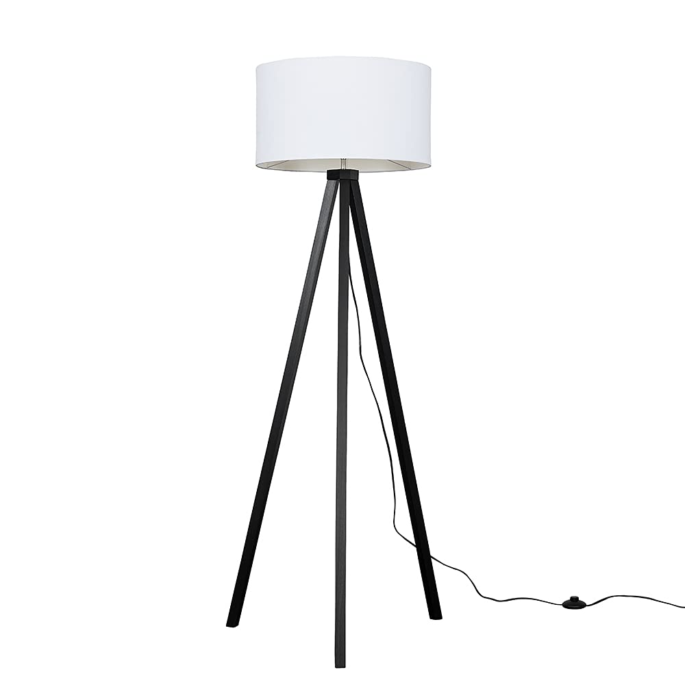 MiniSun | Modern Black Wood Tripod Design Floor Lamp with a White Drum Shade | Floor Lamps & Torchieres, Home Décor & Improvement Essential | Includes Bulb [3000K Warm White]