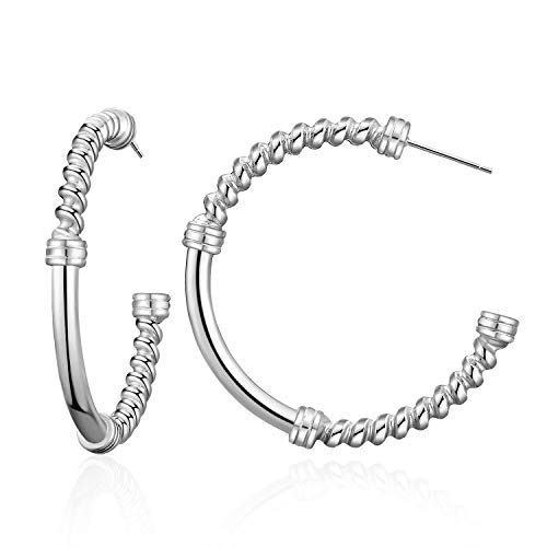 UILZ Women Hoop Earrings - 14K Gold Plated 925 Sterling Silver Posts, Lightweight Twisted Rope Open Hoops Earrings for Women, White Gold