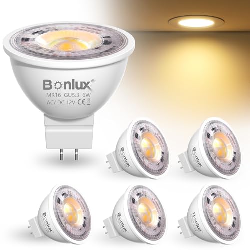 Bonlux Bombillas LED GU5.3 12V, MR16 LED Empotrables Techo Luz Ámbar 2200K Ojos de Buey LED 5W Equivalentes a 50W 60W, Bombilla Techo Ángulo de Haz de 38 ° No Regulable 6 Unidades