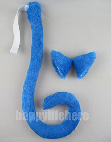 Happylifehere Long Fur Cat Ears and Cat Tail Set Halloween Party Kitty Cosplay Costume Kits (Sky blue)