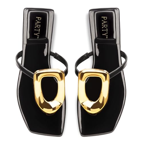Image of PARTY Square Toe Flip Flops Women,Fashion Designer Thong Sandals with Gold Buckle Trendy Summer Comfort Flat Sandals