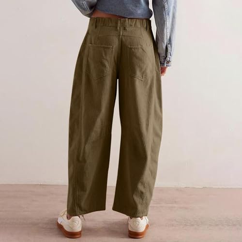 Womens Corduroy Pants Barrel Baggy Mid-Rise Elastic Waist Winter Pants Petite Casual Wide Leg Pants with Pockets2