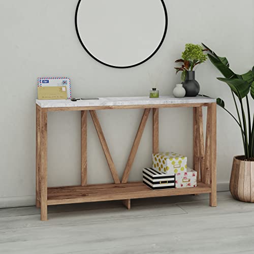 EMMA + OLIVER Owen Modern Farmhouse Entryway Console Accent Table in Warm Oak with Faux Concrete Finished Wood Top EMMA + OLIVER Owen Modern Farmhouse Entryway Console Accent Table in Warm Oak with Faux Concrete Finished Wood Top