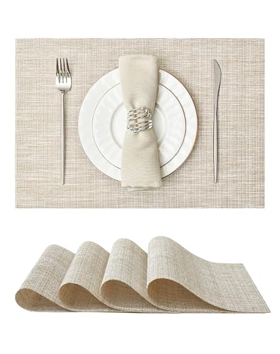 Leetaltree Sparkling Beige and Gold Vinyl Woven Placemats Set of 4 - Durable - Washable - Wipeable Dining Table Place Mats, Suitable for Indoor & Outdoor Use - Hand-Cut