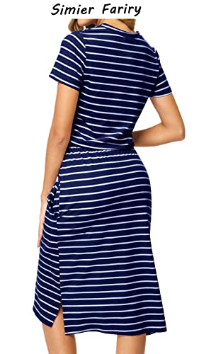 Women Spring Pocket Short Sleeve Modest Casual Midi Knee Dress Striped Navy M #TOP1