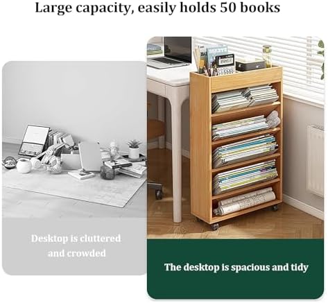 Mobile Bookshelf,Brown Wooden Rolling Storage Cart, Mobile Bookshelf with Multi-Tier Shelves & Wheels for Office Organization - Versatile Utility Cart for Home & Office Use