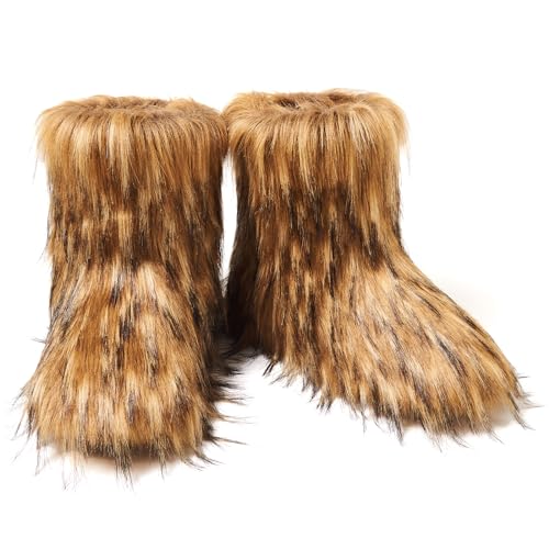 AUSLAND Women's Faux Fur Boots - Furry Fluffy Winter Snow Boots for Women, Fleece Lined Warm Comfortable Outdoor Mid-Calf Boots 93684