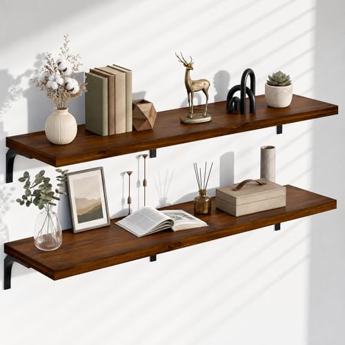 Image of 12 Inch Deep Floating Shelves Set of 2, 60 Inch Extra Wide Solid Wood Wall Shelves, 5ft Heavy Duty Wall Mounted Bookshelf with 100 lbs Capacity for Kitchen, Living Room & Bedroom