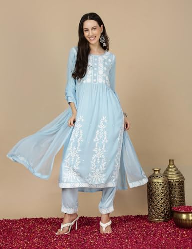 Image of Kaari Women's Chikankari Kurta Set with Dupatta -Fit & Flare Fit | Chiffon Dupatta with Embroidered Band | Straight Pant with Side Pocket | Kurta Set For Women