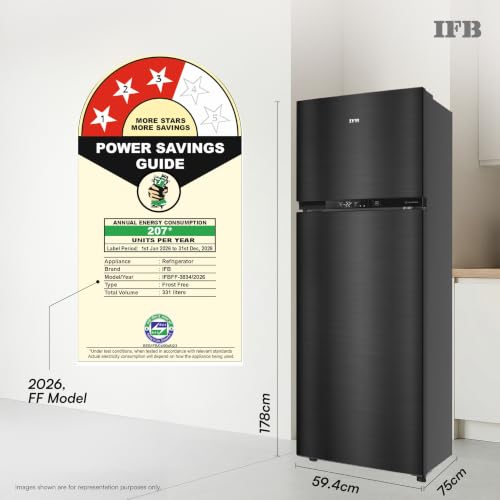 Image of IFB 331L 3 Star 12-in-1 Convertible, Advanced Inverter Frost-Free Double Door Refrigerator with 30 Hrs Cooling Retention, WiFi & 4 Year Super Warranty (2026, IFBFF-383CYKSETU, Metal Black)