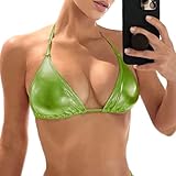 Women's Metallic Bikini Top - Halter Shiny Triangle Bralette Rave Tops Tie Side Swimsuit Bra(051Top,Green,M)