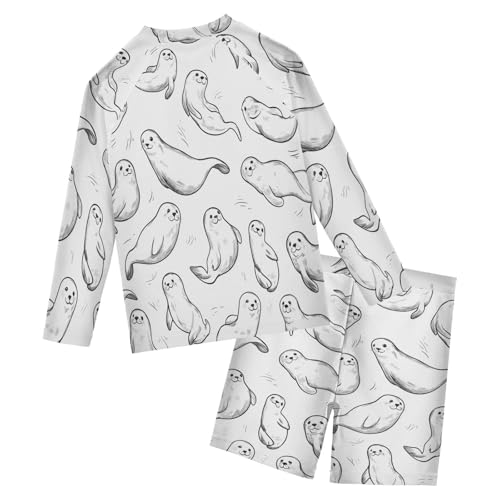 Lovely Seal Print Boys Swimsuit Rash Guard Toddler Kids Long Sleeve Swim Shirt and Trunks Swimwear Set 3-10Y2