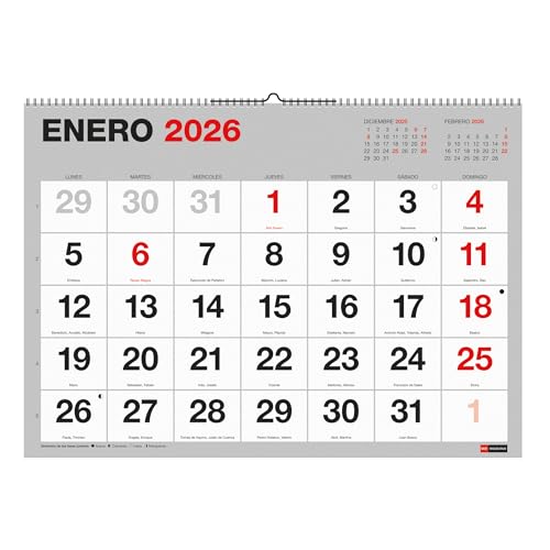 Miquelrius - Calendario 2026 de pared Basic, Organizador anual 590 x 420 mm, Con espacio para anotar, Números grandes, Encuadernación espiral doble, Planificador 12 meses XL, Español