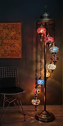 Asylove Turkish Lamp 9 Globe Mosaic Floor Lamp, Mosaic Standing Lamp 9 Globe Mosaic Moroccan Lamps Floor Lamp for Decorative Home Designs Offer 5 inch Globe - Total Height 70 inch (colormix)