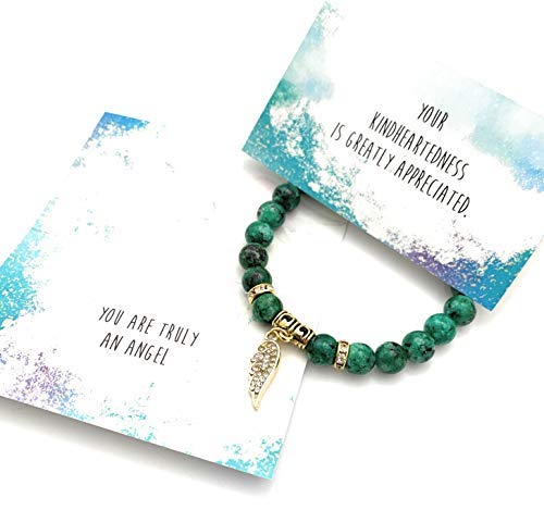 Smiling Wisdom - Angel Wing Appreciation Kindhearted Thank You Keepsake Greeting Card And Stretch Stone Bracelet - Green Rain Flower Stones - 7.5 Inches Medium #TOP7