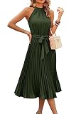 KIRUNDO Women's 2025 Summer Sleeveless Halter Neck Pleated Midi Cocktail Dresses A Line Flowy Beach Sun Dress with Belt(Army Green, X-Large)