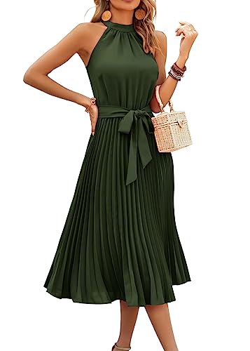 KIRUNDO Women's 2025 Summer Sleeveless Halter Neck Pleated Midi Cocktail Dresses A Line Flowy Beach Sun Dress with Belt