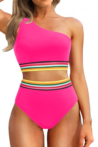 Holipick Pink Colorful Woven Women One Shoulder Bikini High Waisted